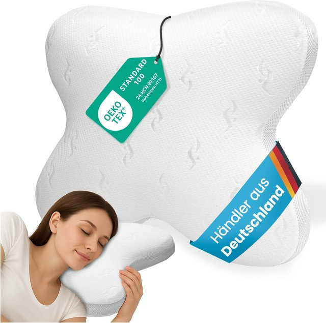 ELONEO Nackenstützkissen in Schmetterlingsform aus Memory Foam, weißes Visko Schlafkissen für Bauch-, Seiten- und Seitenkippschläfer - Bild 1
