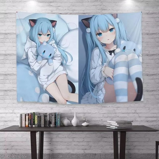 Anime Wandteppich Katzenmädchen Boho Wandbehang Blau B: 60 cm, H: 90 cm von JMG Household Supplies - Bild 1