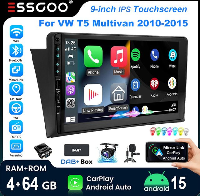 ESSGOO Android 15 Autoradio für VW T5 Multivan 2010-2015 mit 9 Zoll Display, 4+64 GB, Bluetooth, Wireless CarPlay, Android Auto, GPS, WiFi und USB Type-C in Schwarz - Bild 1