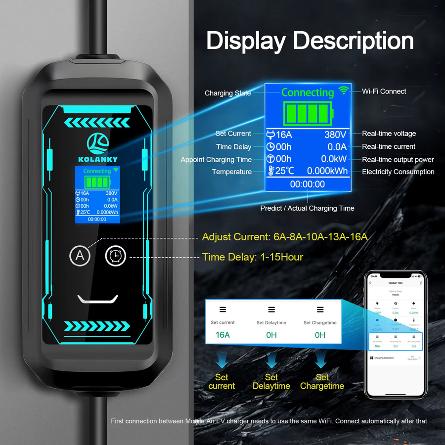 Kolanky EV-Ladegerät Wallbox Typ 2 mit 11 kW und 16 A, WLAN und Tuya App Steuerung, Schwarz, 5 m Kabel - Bild 2