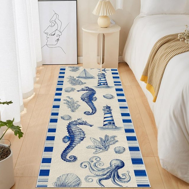Lodestar Unterwasserwelt Läufer Teppich mit Koralle Seestern und Seepferdchen Motiv, Blau, B/L: 50 x 150 cm - Bild 1