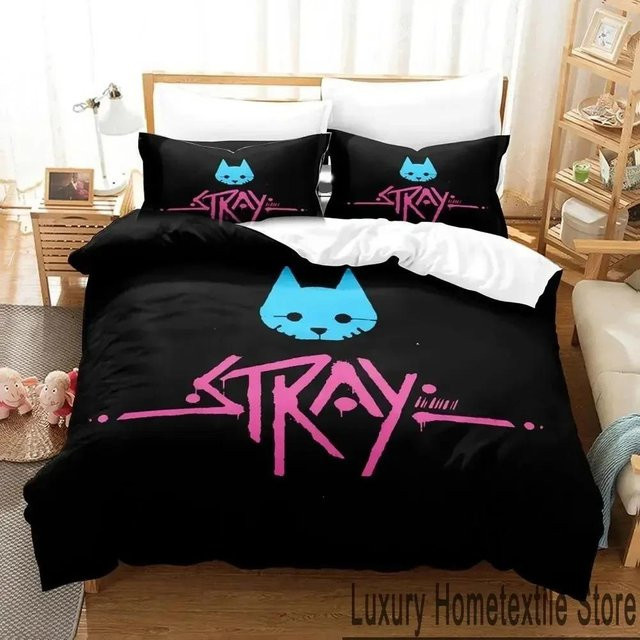 Binchi Outdoor Product Bettwäsche-Set Stray Game Katze und Momo in Schwarz, bestehend aus Bettbezug und Kissenbezug aus Mikrofaser, Breite: 135 cm, Länge: 200 cm - Bild 1