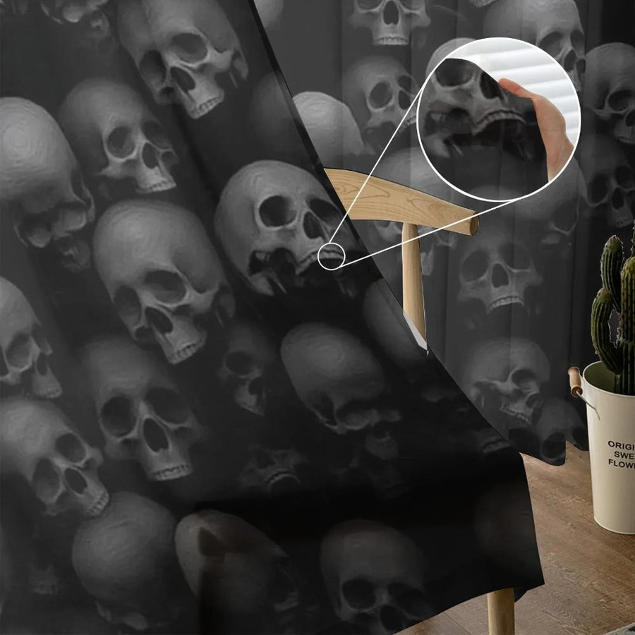 Yiran Furniture Tüllvorhang mit Totenkopf-Motiv in Schwarz, transparent, Breite: 135 cm, Höhe: 115 cm - Bild 3
