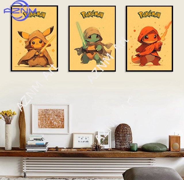 KAYOU Pokemon Anime Leinwandgemälde mit Pikachu, Squirtle und Charmander als mehrfarbige Wanddekoration - Bild 1