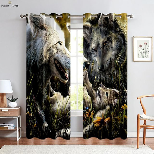 Verdunkelungsvorhang mit Wolf-Motiv von Yiran Furniture, Wärmedämmvorhang aus Polyester, Mehrfarbig, Breite: 100 cm, Höhe: 130 cm - Bild 1