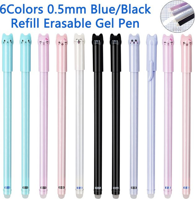 MROOFUL 12er Set löschbare Katzen Gelstifte mit 0,5 mm Spitze, waschbare Tintenstifte in Schwarz und Mehrfarbig für Büro und Kinder - Bild 1