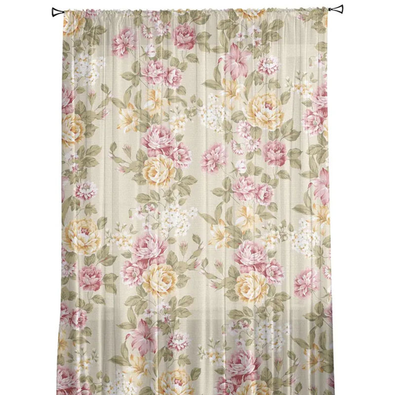 Bouquet Rose Transparente Tüll Vorhänge mit Blumenmuster in Gelb und Rosa von A Family Of Home Textiles, Breite: 135 cm, Höhe: 160 cm - Bild 2