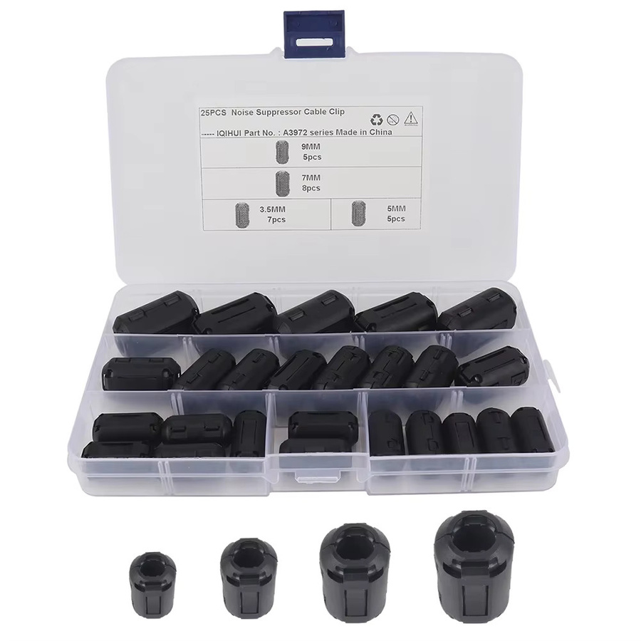 25 Stück Ferritkern-Ringe als Kabelverbinder-Klemmen zur RFI- und EMI-Filterung in Schwarz, Durchmesser: 3,5 mm, 5 mm, 7 mm und 9 mm - Bild 2