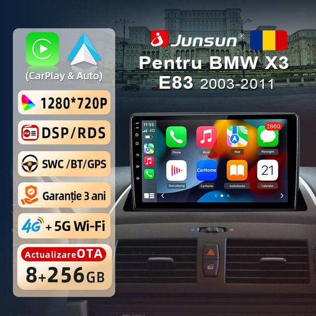 Junsun Android 15 Autoradio für BMW X3 E83 2003-2012 mit 9 Zoll IPS Touchscreen, kabelloses CarPlay und Android Auto, WiFi, GPS, Bluetooth, 4G LTE, Farbe: Schwarz - Bild 1