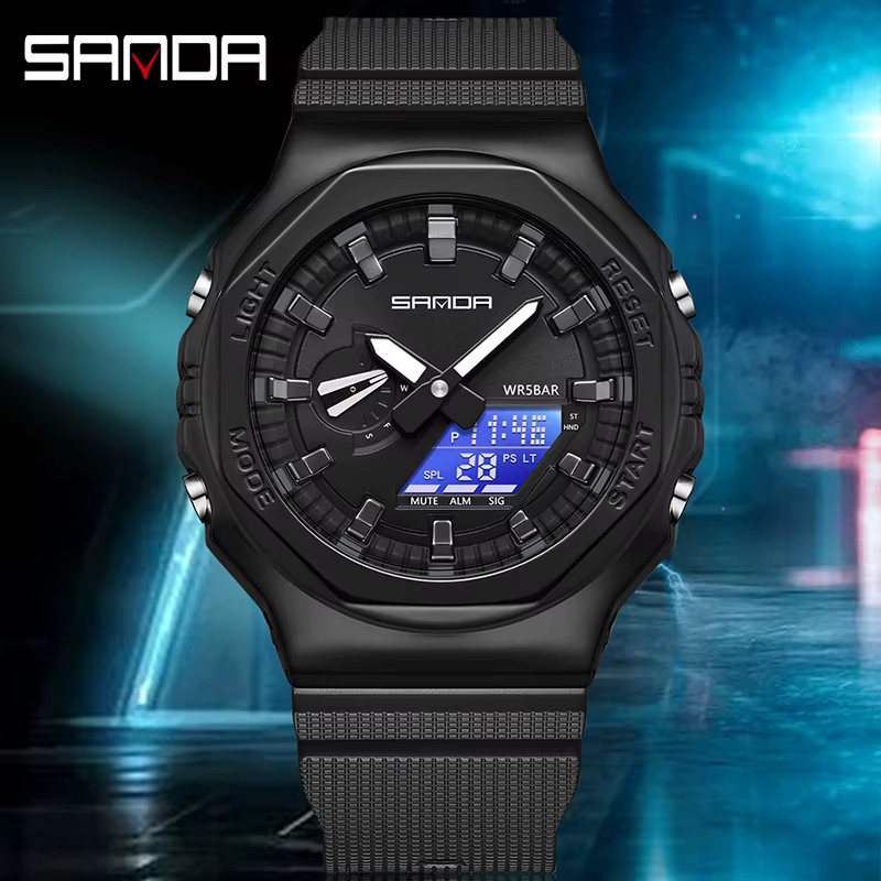 Sanda Armbanduhr, Digitaluhr, Quarz, Edelstahl, Schwarz, Herren - Bild 2