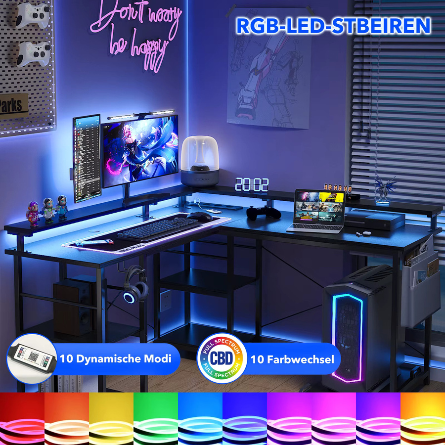 ThomP Moderner L-Schreibtisch in Schwarz, 2 in 1 Umwandelbar mit ergonomischem Monitortisch-Aufsatz und Power Hub, Eckschreibtisch für Home Office und Gaming - Bild 3