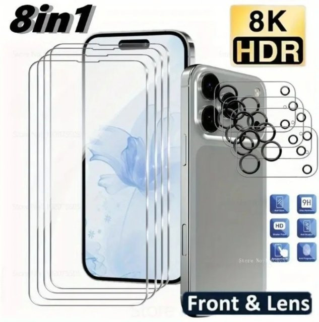 8-teiliges Schutzset für iPhone mit 4 transparenten Panzerglas-Displays und 4 Objektivschutzfolien - Bild 1