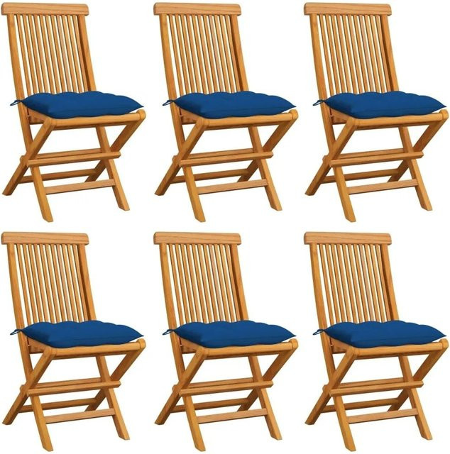 6er Set vidaXL Gartenstühle aus Teakholz mit blauen Kissen in Braun - Bild 1