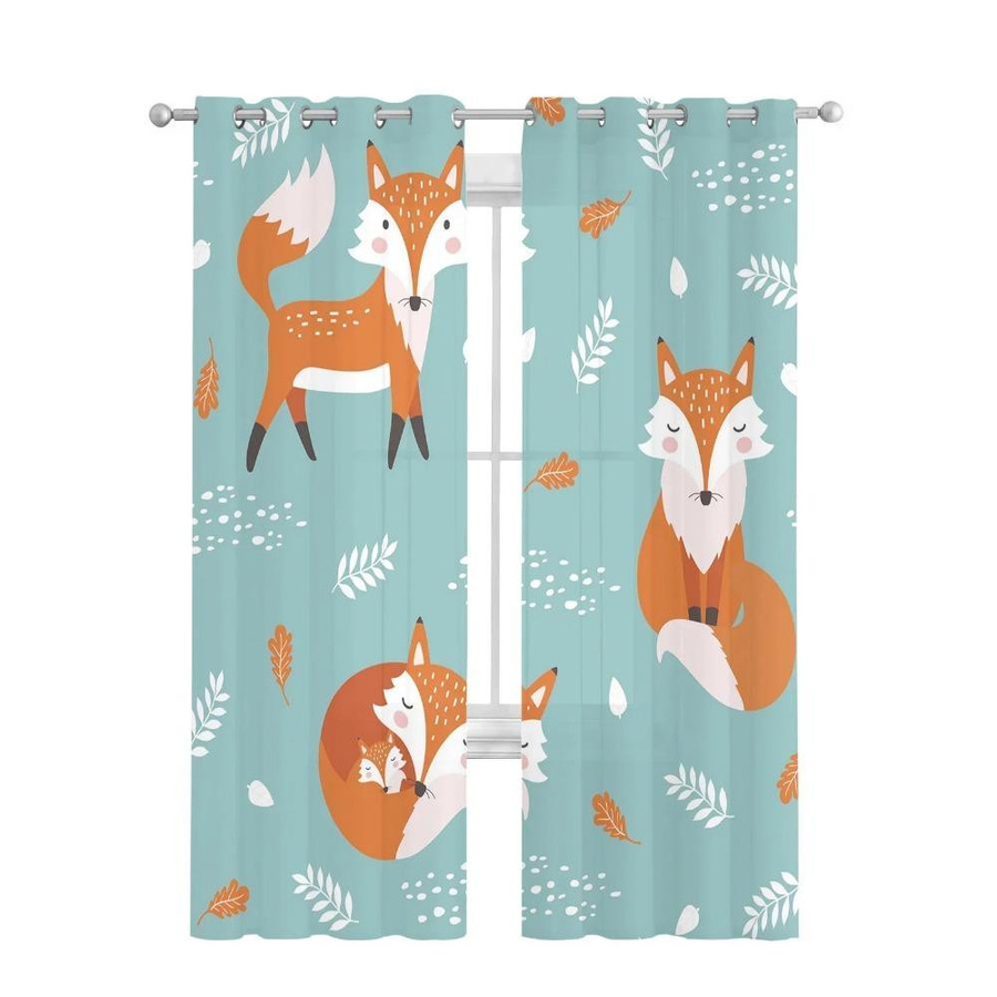 Yiran Furniture Transparentes Voile Organza Tüll Vorhang mit Fuchs Motiv in Orange und Blau, Breite: 135 cm, Höhe: 115 cm - Bild 2