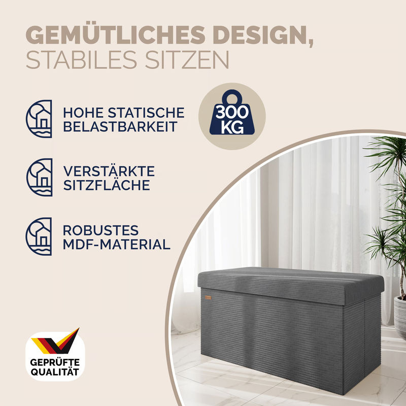 CASARIA Sitzbank aus Cord und MDF in Anthrazit, faltbar, B/T/H: 76 x 38 x 38 cm - Bild 3