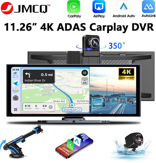 JMCQ 4K UHD Dashcam mit 11,26 Zoll Display, Wireless CarPlay und Android Auto, GPS und Bluetooth, Schwarz - Bild 1