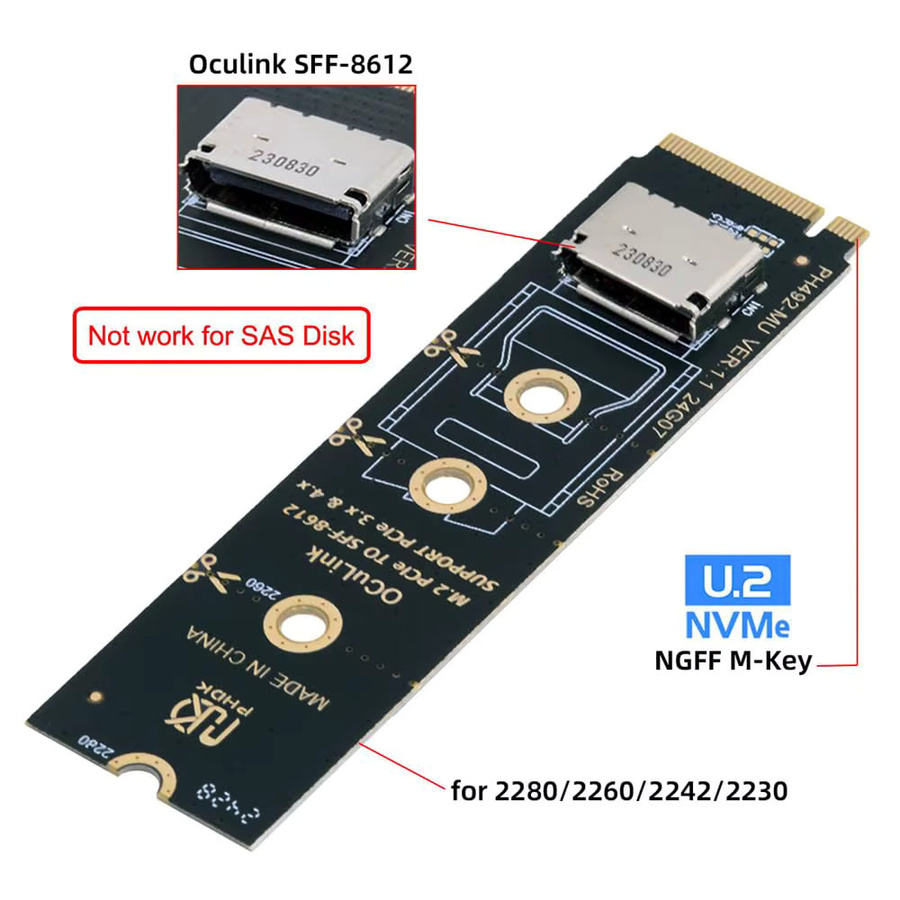 RGEEK PCI-E 4.0 M.2 M-Key zu Oculink SFF-8612 SFF-8611 Vertikaler Host-Adapter für NVMe U.2 SSD 2280 eGPU in Schwarz - Bild 4