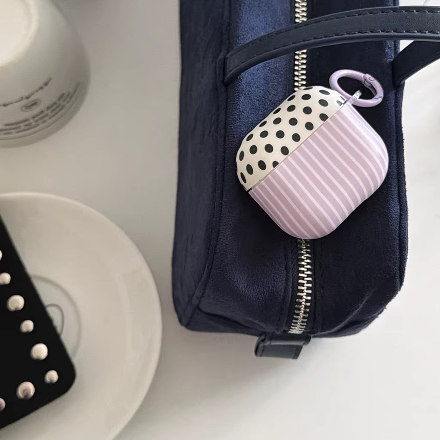 Stoßfeste Apple AirPods Schutzhülle mit Haken in Lila Gestreift und Gepunktet Patchwork-Design für AirPods 1, 2, 3, 4 und Pro 2/3 - Bild 4