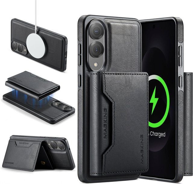 Abnehmbare Leder Handyhülle mit MagSafe Wallet, Kartensteckplatz und Ständer für Samsung Galaxy S25 FE Edge, S24 Plus und S23 Ultra in Schwarz oder Grün - Bild 1