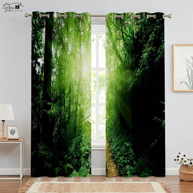 Yiran Furniture Vorhänge mit Wald-Landschaftsmotiv in Grün, 2er-Set, semi-transparent, B: 50 cm, H: 130 cm - Bild 1