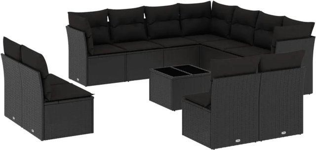 vidaXL 12-tlg Garten-Sofagarnitur in L-Form aus Polyrattan mit Tisch und Kissen, Schwarz - Bild 1