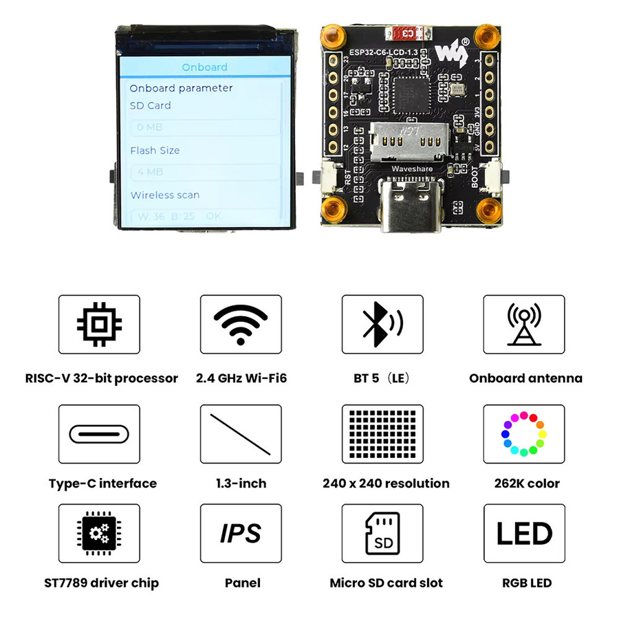 Gaqqee ESP32-C6 AIoT Entwicklungsmodul mit 1,3 Zoll IPS LCD Display, ST7789 Treiber, WiFi, Bluetooth, USB-C und 4MB Flash in Schwarz - Bild 2