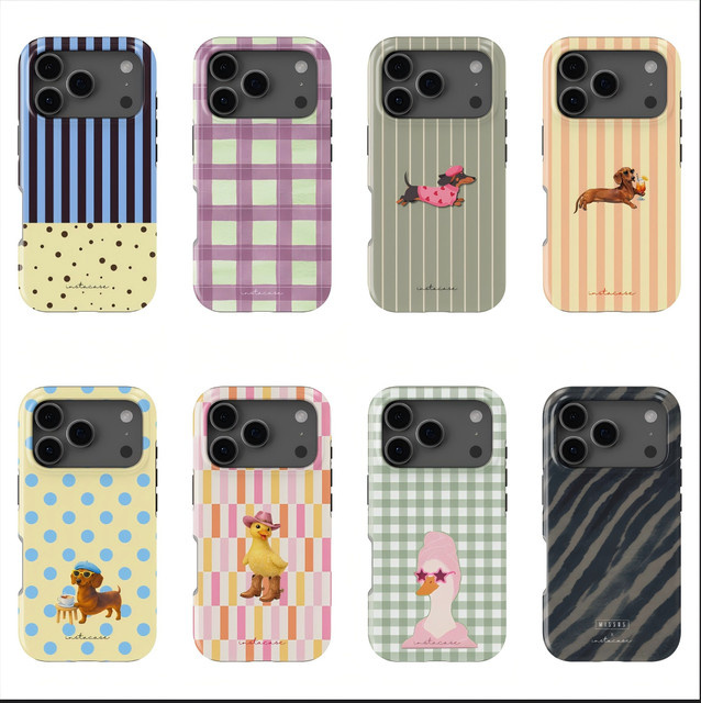 Vintage Handyhülle mit Dackel, Enten und Karo-Streifen für Apple iPhone 11 bis iPhone 17 Pro Max Plus in Multicolour - Bild 1
