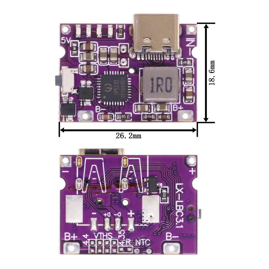 IP5310 USB-C Boost Converter Step-Up Power Modul 5V zu 4,2V 3A mit LED Anzeige für Lithium-Batterien in Violett - Bild 3