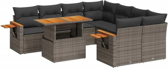 vidaXL 9-tlg. Garten-Sofagarnitur in L-Form aus grauem Poly-Rattan mit Kissen und Akazienholz - Bild 1
