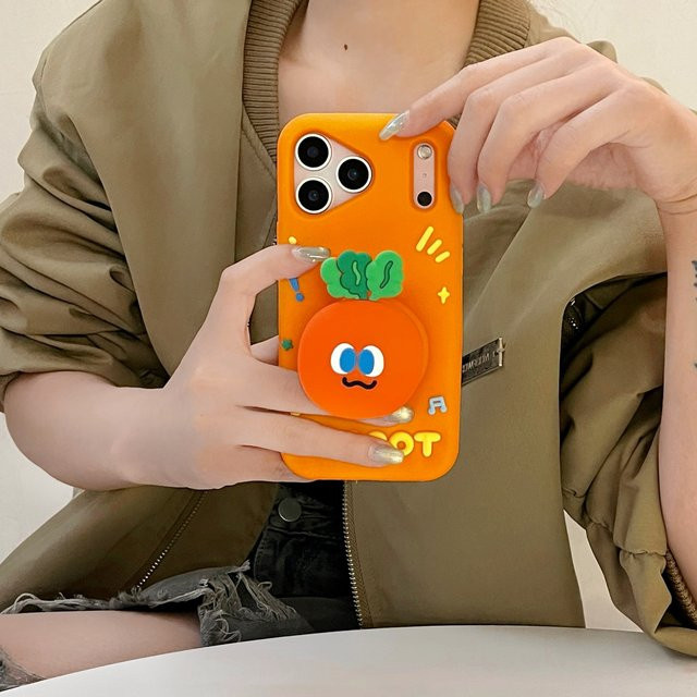Stoßfeste iPhone Handyhülle mit 3D-Karottenkopf-Griff in Orange für iPhone 17 16 15 14 13 12 Pro Max Plus und 16e - Bild 1