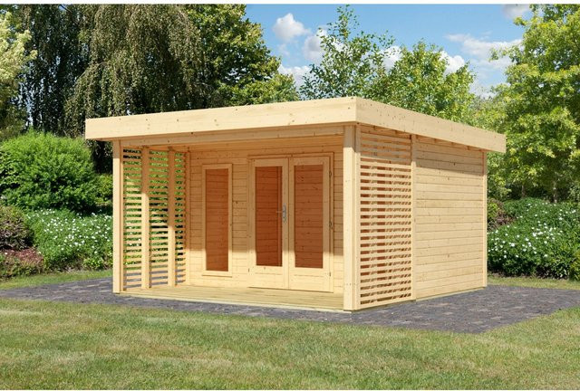 Karibu Gartenhaus Cordia aus Massivholz Fichte in Naturbelassen mit Pultdach, Bodenbalken und vormontierter Tür, B/T/H: 393 x 393 x 238 cm - Bild 1