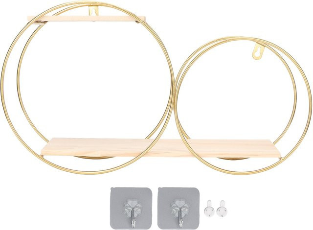 Koogeelife Wandregal Metall und Holz in Weiß und Gold, Geometrisches Aufbewahrungsregal für das Badezimmer oder Wohnzimmer, Wandmontage - Bild 1