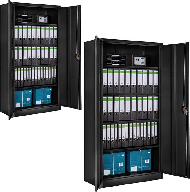tectake Aktenschrank aus pulverbeschichtetem Stahl mit 2 Flügeltüren und höhenverstellbaren Einlegeböden, 2er Set, Schwarz, H x B x T: 180 x 90 x 40 cm - Bild 1