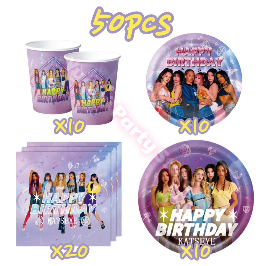 Potdemiel K-Pop Geburtstagsparty Dekorations-Set in Multicolour mit Bechern, Tellern, Servietten, Luftballons und Foto-Requisiten - Bild 2