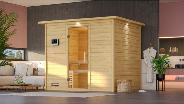 Karibu Sauna Sarina in Natur mit Ofen, integrierter LED-Steuerung und Dachkranz - Bild 2