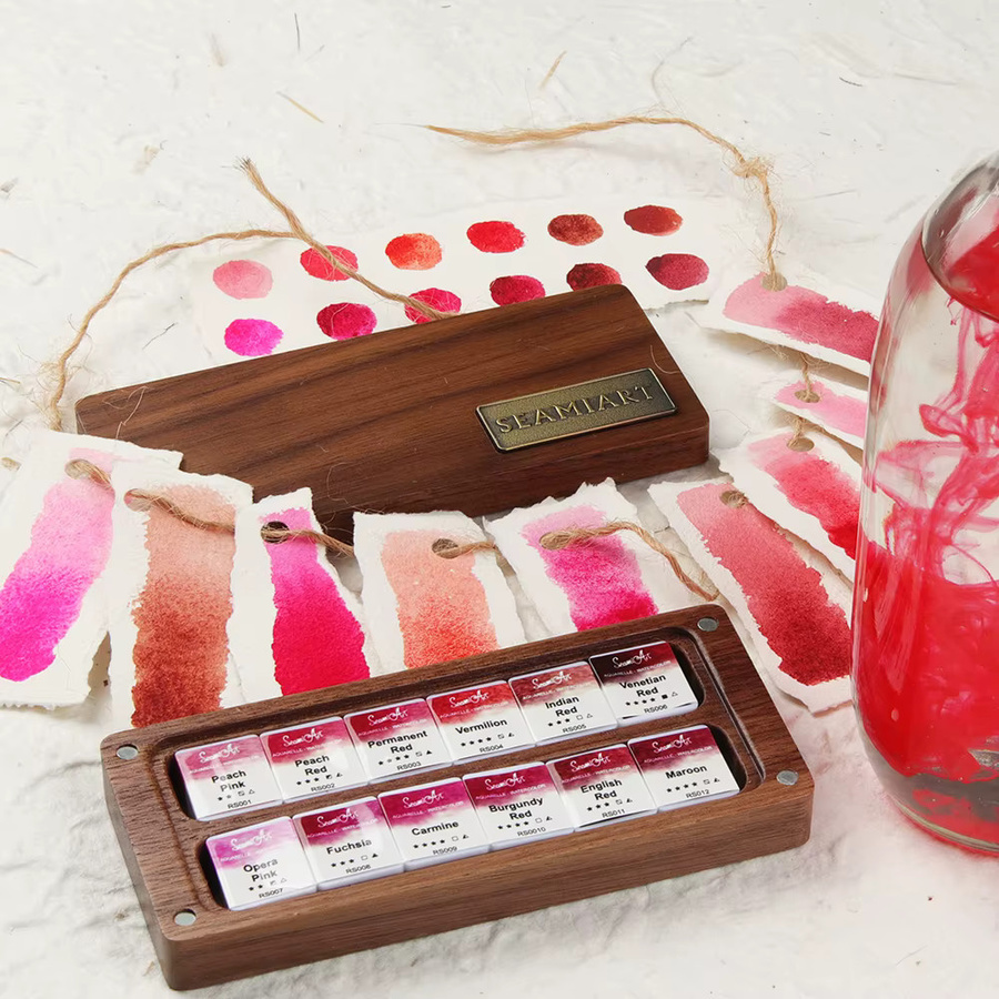 SeamiArt Aquarell-Set mit 12 Farben in einer schwarzen Walnuss-Holzbox, Rosenrot und Multicolour - Bild 2