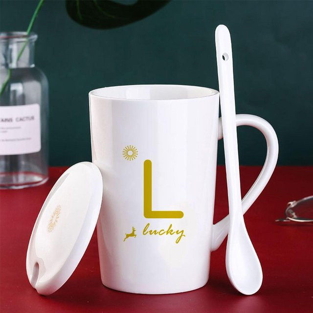 Kreative Keramiktasse mit Deckel und Löffel in Weiß, Volumen: 400 ml - Bild 1