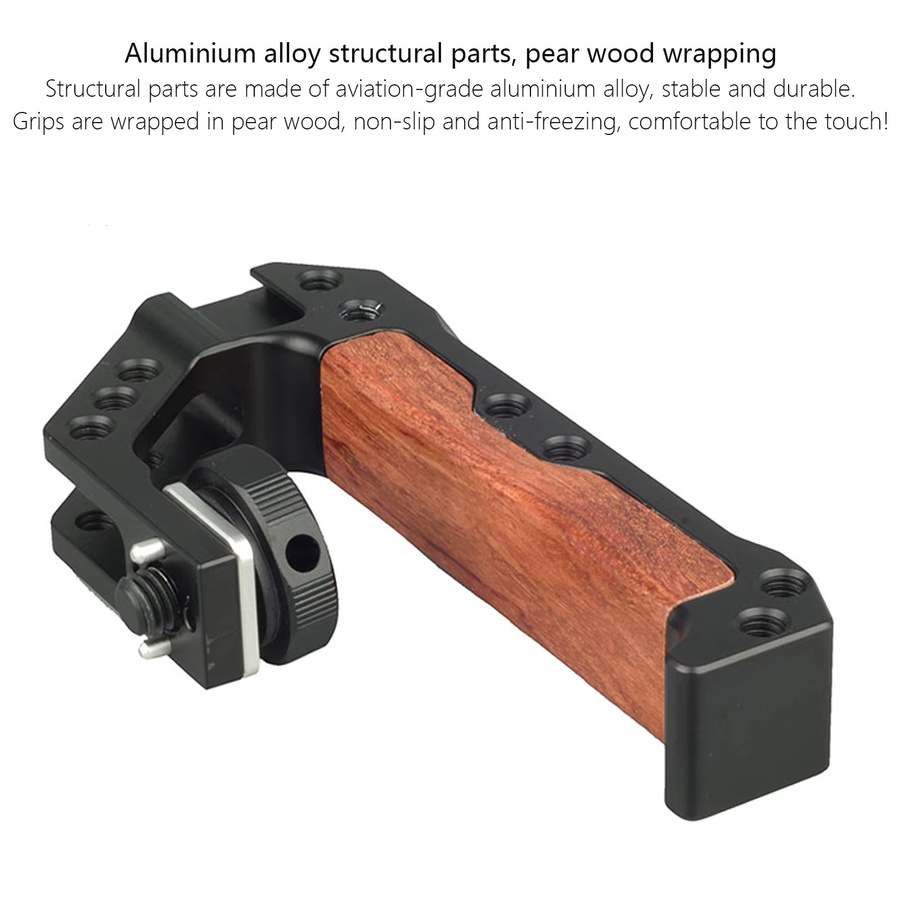Probty Schnellverschluss-Handgriff für Kamerakäfig-Rig mit 3/8-Zoll-ARRI-Positionierungsstiften aus Holz und Metall in Schwarz und Braun - Bild 3
