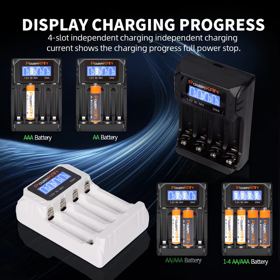 POWERKAN DN4 Batterieladegerät mit LCD-Anzeige für 1.2V Ni-MH AA AAA Akkus, 4 Schächte, USB-C Anschluss - Bild 6