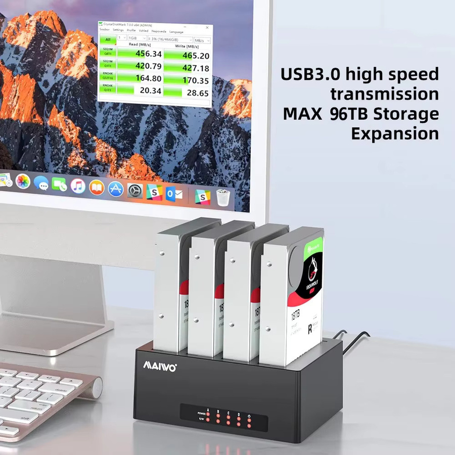 MAIWO Festplatten-Dockingstation mit 4 Einschüben, SATA zu USB 3.0, für 2,5 und 3,5 Zoll HDD/SSD bis 24 TB, Schwarz - Bild 2