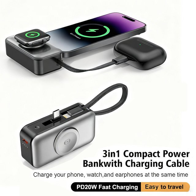 Mini-Powerbank mit USB-C-Kabelstecker PD20W in Silber, magnetisches kabelloses Ladegerät für iPhone 16 15 und Apple Watch 10 9 - Bild 1