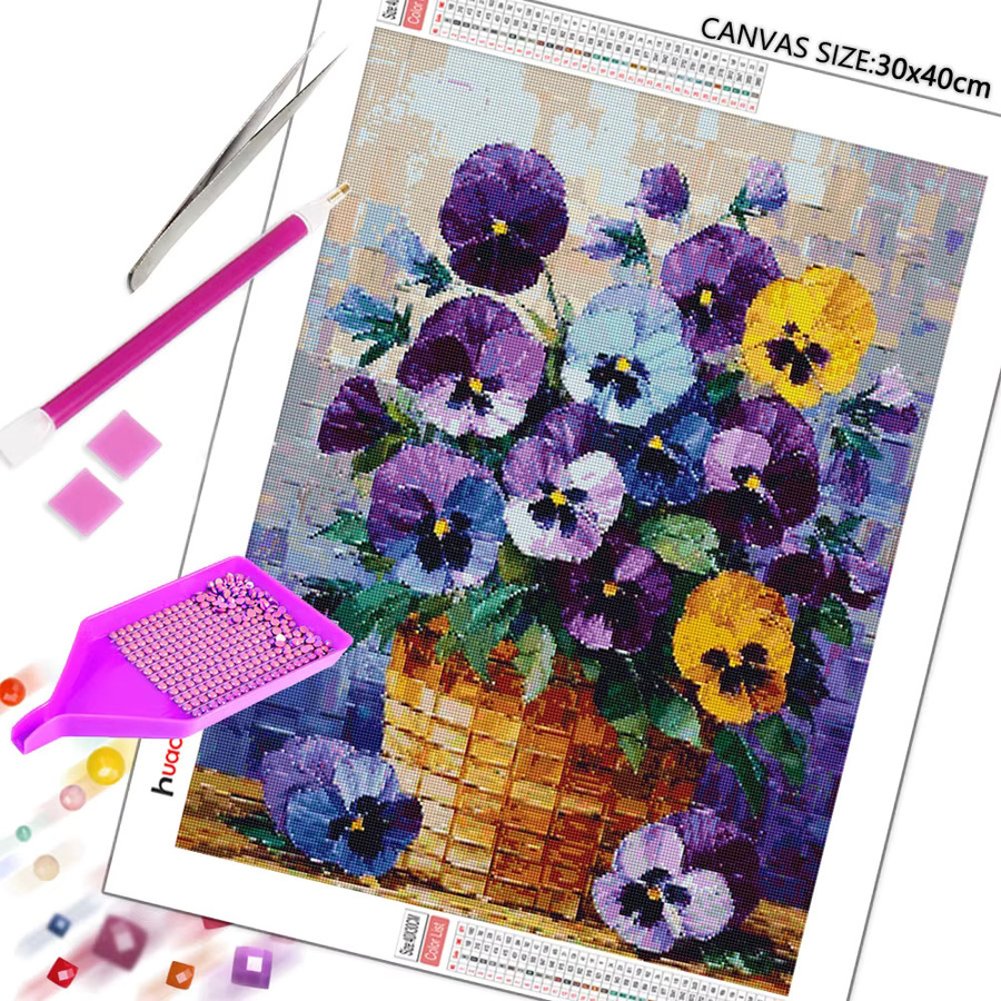 Huacan Diamant-Stickerei Set Blumenkorb mit floralem Motiv in Multicolour, runde Wanddekoration - Bild 2