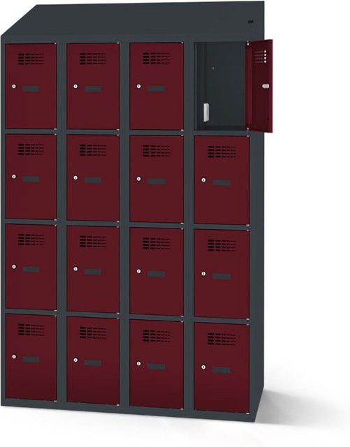 rotstahl Fächerschrank mit 16 Fächern und Ladefunktion, Farbe Bordeaux mit anthrazitgrauem Korpus, B: 120 cm, H: 200 cm - Bild 1