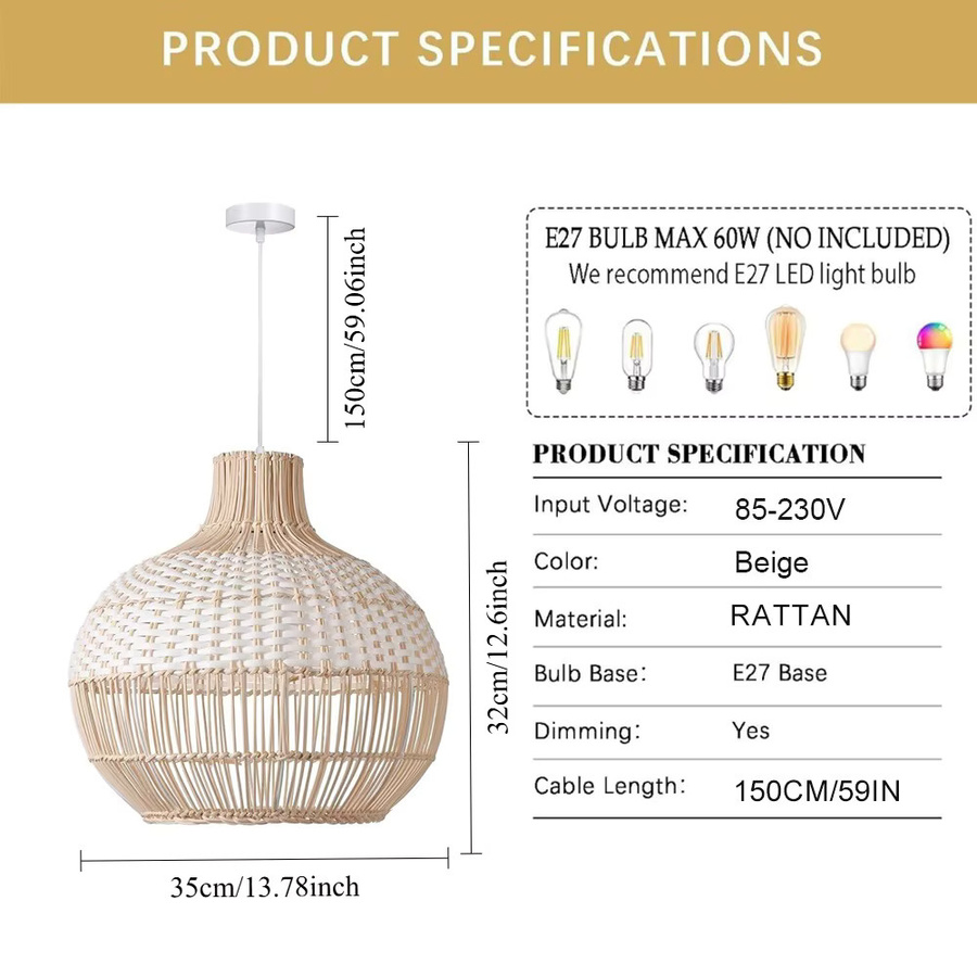 JOYINLED Vintage Rattan Pendelleuchte handgewebt im Boho-Stil für Wohnzimmer und Esszimmer, Durchmesser: 35 cm, Fassung E27 - Bild 3
