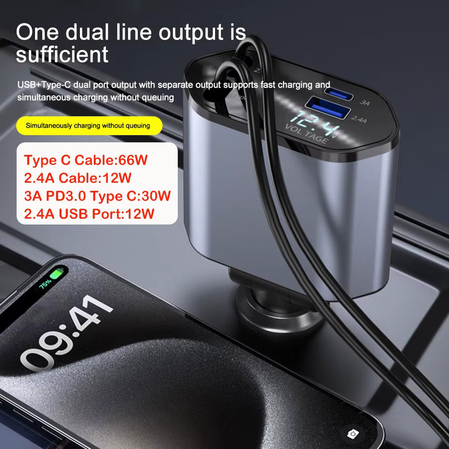 kebidumei 4 in 1 Autotelefon-Ladegerät mit 120 W, Typ C 66 W und 2,4 A einziehbaren Ladekabeln sowie Volt-Display für iPhone, Huawei und Samsung - Bild 2
