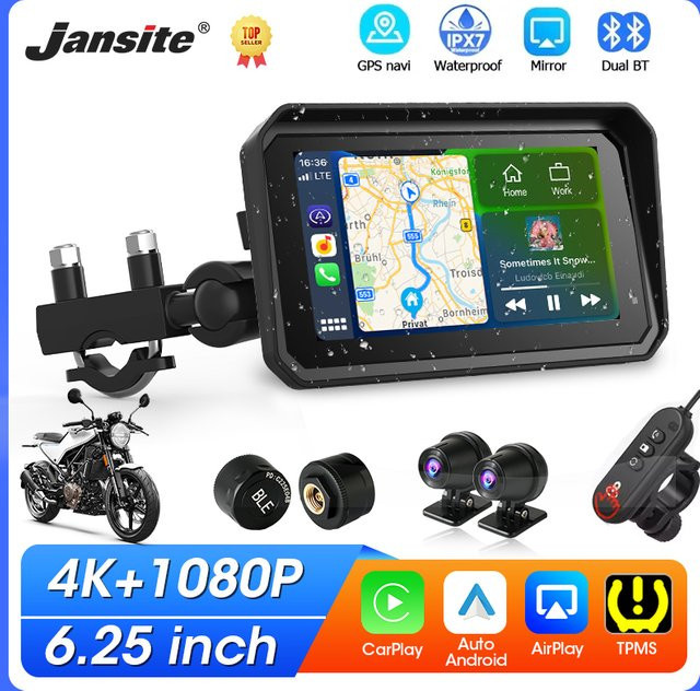 Jansite Motorrad CarPlay Bildschirm mit 6,25 Zoll Display, 4K DVR Video Recorder, GPS Navigation und Dual Objektiv, IPX7 Wasserdicht, Schwarz - Bild 1