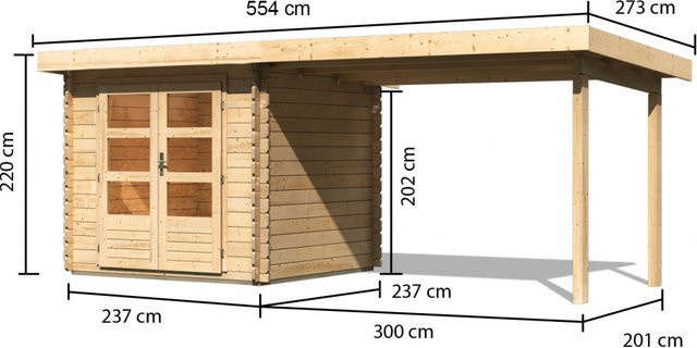 KARIBU Blockbohlenhaus BASTRUP 2 aus Fichtenholz mit Pultdach und Anbaudach in Anthrazit, B/T: 237 x 237 cm, 28 mm Bohlenstärke - Bild 1
