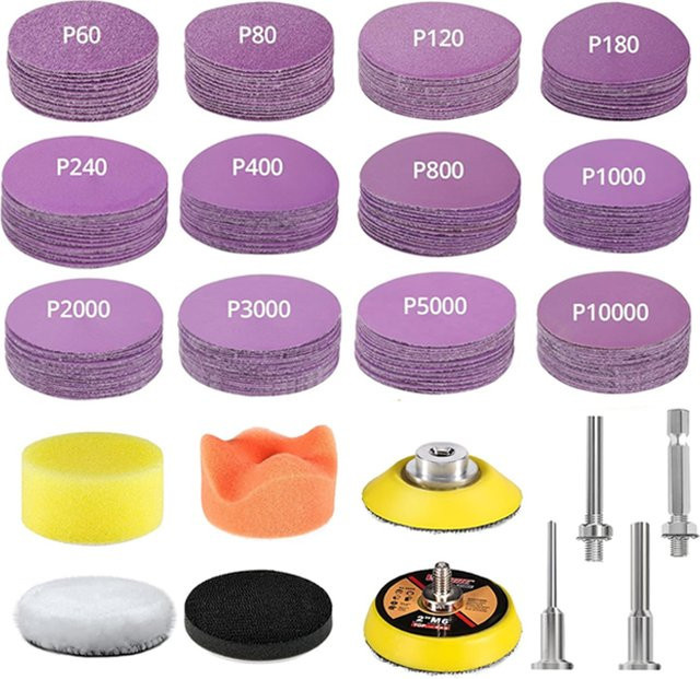 Vibratite Nass- und Trockenschleifpapier-Set mit 130 Stück, 50 mm Schleifpads und Adapter zum Schleifen von Metall und Autowolle - Bild 1