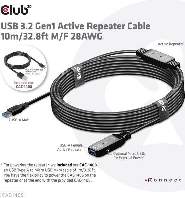 Club 3D USB-Verlängerungskabel USB 3.2 Gen 1 Typ A (M) auf Typ A (W) in Schwarz, Länge: 10,0 m, aktiv (CAC-1405) - Bild 1