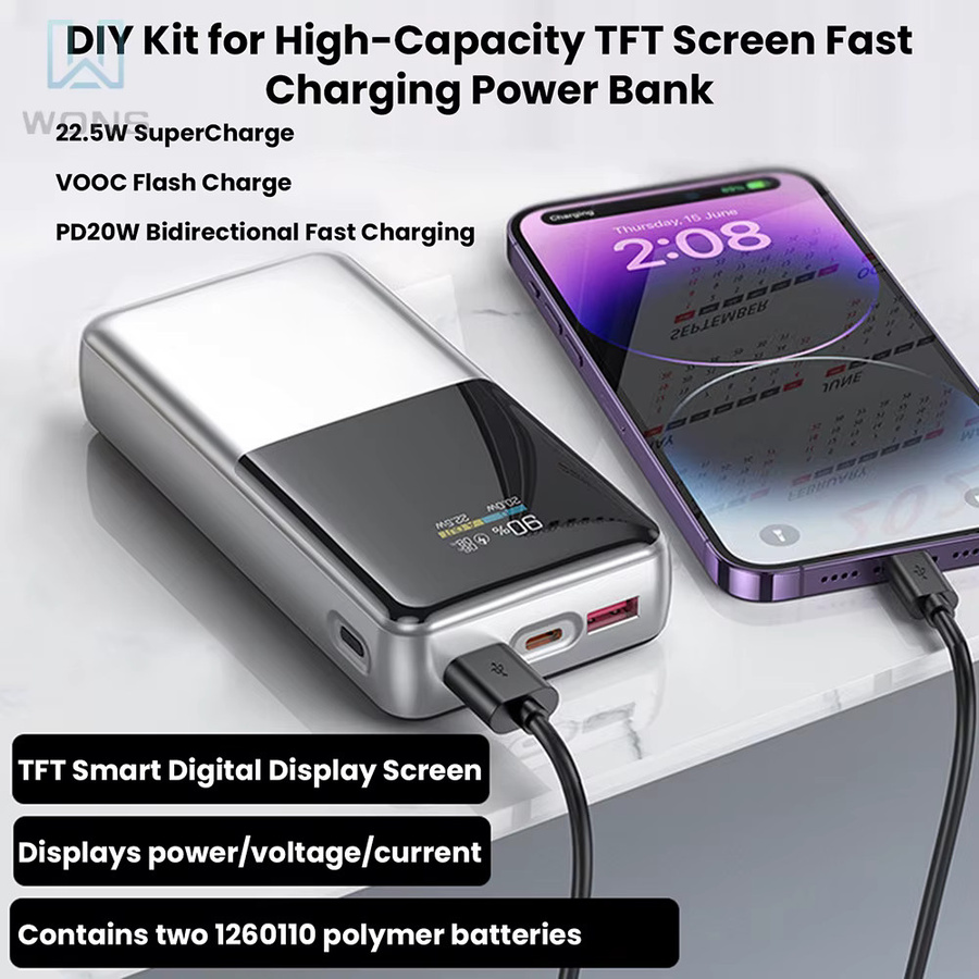 Aideepen 22,5W Schnellladungs-Powerbank DIY-Kit mit 0,96 Zoll TFT-Farbdisplay in Silber für Ternäre Lithium-Batterien, unterstützt PD/QC/SCP/VOOC - Bild 2